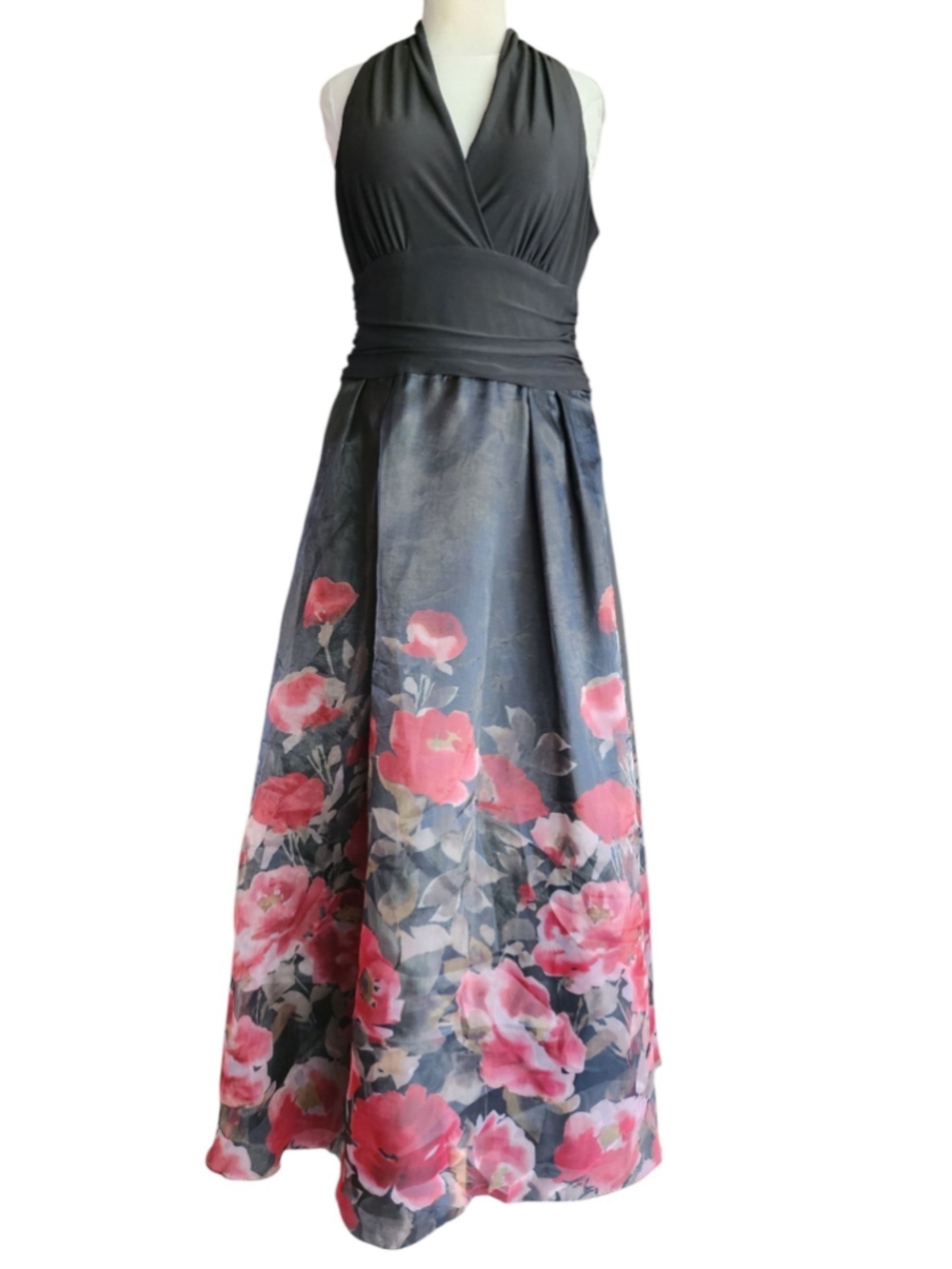 Ignite Evenings New York Size 12 Black Halter Floral Print Formal Evening Gown